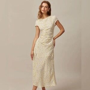 NWT Rihoas Floral Ruched Cap Sleeve Lined Midi Dress Large